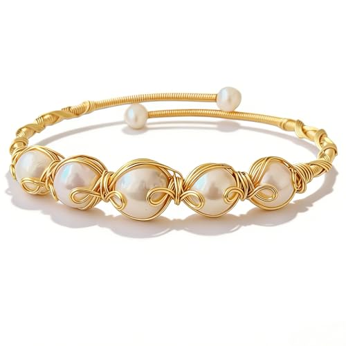 Handcrafted Natural Freshwater Baroque Pearl Bracelet,Winding Design,Opening Adjustable,14k Gold Plated Material
