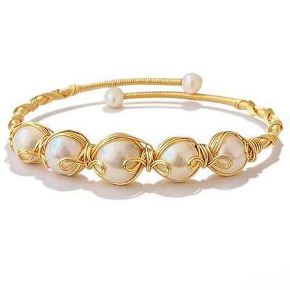Handcrafted Natural Freshwater Baroque Pearl Bracelet,Winding Design,Opening Adjustable,14k Gold Plated Material