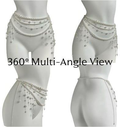 Pearl Tassel Wasit Chain for Women body chain Multi-layer White Pearl Tassel Belly Chain Belts for Women Long Tassel Pendant Layered Pearls Belt for Dresses Wedding Bridal Rave Body Jewelry Accessories