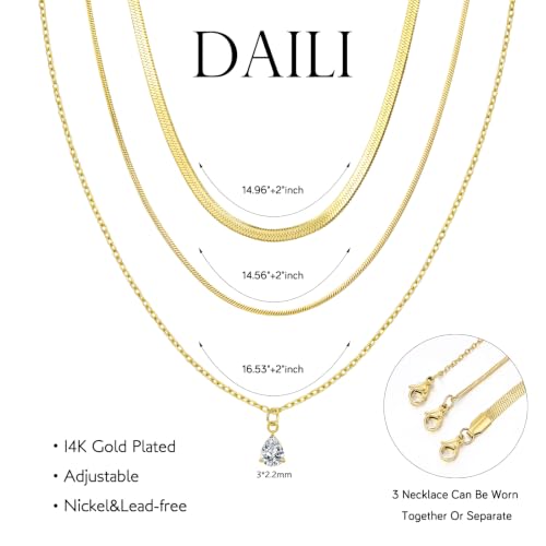 Layered Necklaces for Women,14k Gold Plated Dainty Necklace Stack Set Non Tarnish Adjustable Silver Stainless Steel CZ Heart Circle Pendant Paperclip Choker Herringbone Snake Chain Jewelry - style: CZ Layered Necklace