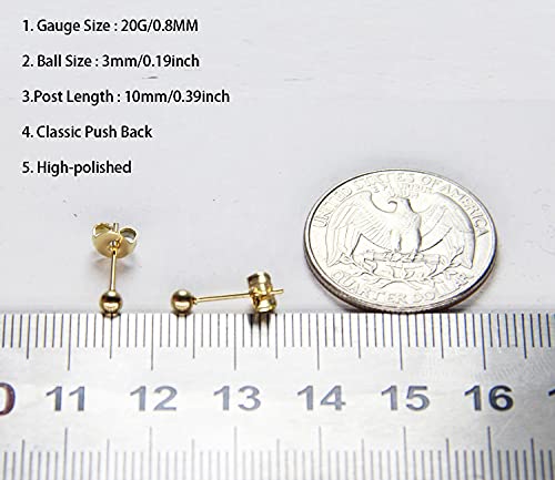 14K Gold Filled Polished Small CZ Pearl Ball Stud Earrings Set for Women Men 20G Surgical Steel Hypoallergenic Piercing Studs for Sensitive Ear, Pack of 6 Pairs - style: H : 3MM Gold Ball Set