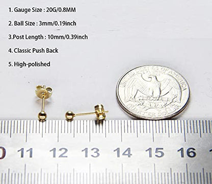 14K Gold Filled Polished Small CZ Pearl Ball Stud Earrings Set for Women Men 20G Surgical Steel Hypoallergenic Piercing Studs for Sensitive Ear, Pack of 6 Pairs - style: H : 3MM Gold Ball Set