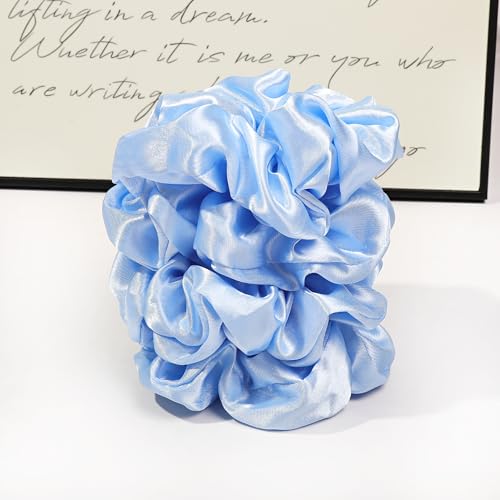 16 Pcs Satin Blue Hair Ties and Ponytail Holders - Big Scrunchies for Women's Thick Curly Hair, No Crease or Damage, Cute Pony Tails for Girls - color: Bright Blue