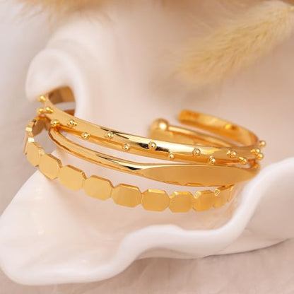 Dainty Gold Open Thin Cuff Bangle Bracelets for Woman, 18k Gold Plated Adjustable Bracelet - color: hammered