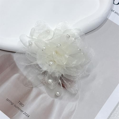 13cm/5in Beaded Mesh Flower Brooch Pin for Women Girls Dainty Round Shell Pearl Ball Beads Camellia Peony Flowers Brooches Lapel Hair Pins Elegant Wedding Anniversary Accessories Jewelry - color: Beige