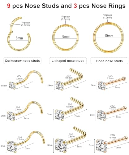 AMASIS Nose Rings and Nose Studs Set, Stainless Steel Hinged Nose Hoops and CZ Studs, Select Sizes and Styles for Nostril Septum Cartilage Piercing Jewelry - color: Gold, size: 12-Piece,Hoops and Studs Sets