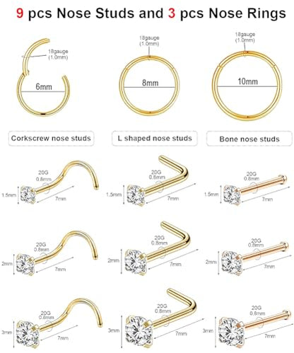 AMASIS Nose Rings and Nose Studs Set, Stainless Steel Hinged Nose Hoops and CZ Studs, Select Sizes and Styles for Nostril Septum Cartilage Piercing Jewelry - color: Gold, size: 12-Piece,Hoops and Studs Sets