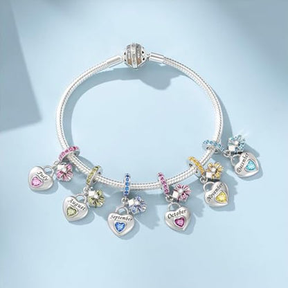 Love Heart Birthstone Dangle Charms Compatible with Pandora Bracelets | 925 Sterling Silver 5A Cubic Zirconia Mother's Day Christmas Birthday Birthstone Gifts Bead Charm Pendants Women Jewelry - color: February Dangle Birthstone Charms