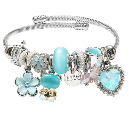 DS Charm Bracelets for girls,exquisite cute cartoon friendship bracelets Silver Stainless Steel Bangle with birthday Gift box, Adjustable girls jewelry Suitable for holiday gifts - style: Silver-blue bear