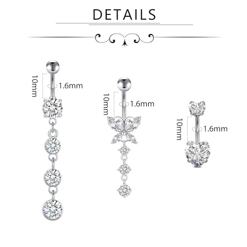 D.Bella Belly Rings for Women Belly Button Piercing Clicker Belly Button Ring Belly Button Rings Dangling 14G Surgical Steel CZ Butterfly Dangle Belly Piercing Jewelry Silver Rose Gold - color: B -silver