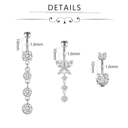 D.Bella Belly Rings for Women Belly Button Piercing Clicker Belly Button Ring Belly Button Rings Dangling 14G Surgical Steel CZ Butterfly Dangle Belly Piercing Jewelry Silver Rose Gold - color: B -silver