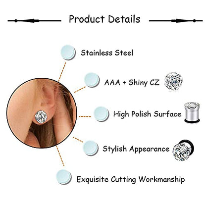 YOFANST 6pcs-12pcs Stainless Steel Clear Black Zircon Ear Tunnels Clear CZ Ear Stretcher Expander Piercing Diamond Gauge Plugs Set 8g-5/8 inch - color: 12pcs, 4g(5mm)