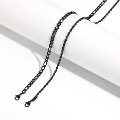 Layered Stainless Steel Chain Necklaces for Men Boys, 2Pcs Cuban Link/Rope/Herringbone Chains Jewelry Gifts, 16 "/18 ", 18 "/20 ", 20 "/22 ", 22 "/24 " - color: Black, size: 18IN/20IN, style: Figaro/ Rope Chain Set