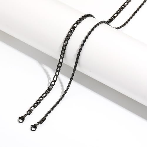 Layered Stainless Steel Chain Necklaces for Men Boys, 2Pcs Cuban Link/Rope/Herringbone Chains Jewelry Gifts, 16 "/18 ", 18 "/20 ", 20 "/22 ", 22 "/24 " - color: Black, size: 20IN/22IN, style: Figaro/ Rope Chain Set