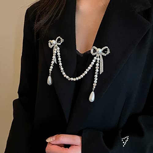 Suits Pearl Double Bow pearl Chain Brooch Pearl-Crystal Anti-exposure bowknot tassel brooch for girls and women