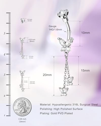 Cute Belly Button Rings Dangle 14G Butterfly Belly Button Piercing for Women Gold Navel Ring 316L Surgical Steel Navel Piercing Jewelry - color: Silver