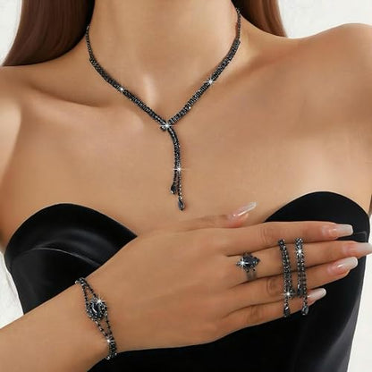 4 Pieces Cubic Zirconia Wedding Jewelry Sets for Bride Rhinestone Bridal Jewelry Set Necklace Bracelet Earring Ring for Brides Bridesmaid for Wedding Party - color: 4 PCS-Black