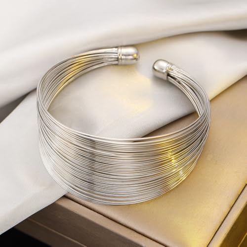 Layered Wire Open Cuff Bracelets for Women Chunky Gold Stacking Statement Bracelets Geometric Lines Minimalist Bangle Trendy Party Wrist Jewelry Gifts - color: Silver