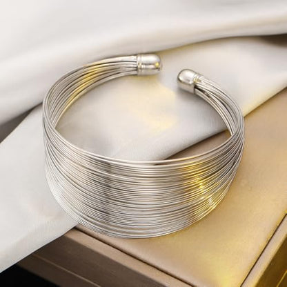 Layered Wire Open Cuff Bracelets for Women Chunky Gold Stacking Statement Bracelets Geometric Lines Minimalist Bangle Trendy Party Wrist Jewelry Gifts - color: Silver