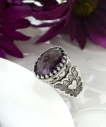 Filigranist 925 Sterling Silver Handcrafted Filigre Art Double Heart Detailed Women Cocktail Ring with Gemstones - color: Amethyst