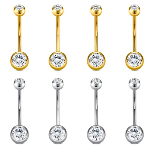 VCMART 14g Belly Button Ring Belly Button Piercing Belly Rings Surgical Steel Belly Button Rings 6mm 8mm 10mm 12mm 14mm 16mm 18mm Short Long Bar Belly Piercing Jewelry for Women - style: A3 -4pcs silver + 4pcs gold