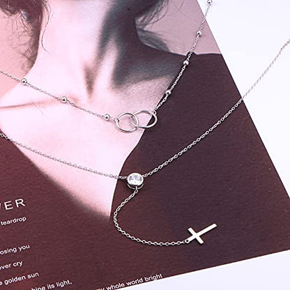 FLYOW Layered Necklace S925 Sterling Silver Y Shaped Jewelry - style: Two Circles Cross Style
