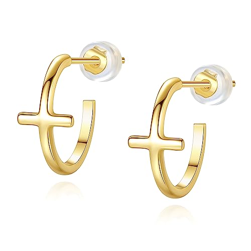 Me&Hz Gold Huggie Earrings Small Huggie Hoop Earrings for Women 14K Gold Plated Hypoallergenic Cubic Zirconia Huggies Mini Silver Hoop Earring for Women - color: Gold,Cross