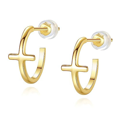 Me&Hz Gold Huggie Earrings Small Huggie Hoop Earrings for Women 14K Gold Plated Hypoallergenic Cubic Zirconia Huggies Mini Silver Hoop Earring for Women - color: Gold,Cross