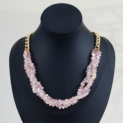 Crystal Statement Necklace with Gold Chain, Black and Clear Crystal Clusters, Chunky Curb Link Design, Fashion Jewelry for Women - color: Pink
