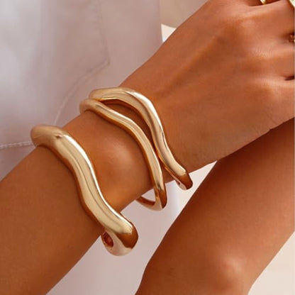 Chunky Gold Bangle Bracelets for Women Trendy Irregular Statement Cuff Bracelets Stack Wide Minimalist 3PCS Bangle Set Jewelry - style: Gold B