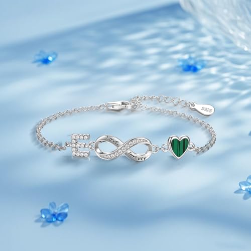 925 Sterling Silver Adjustable Letter Bracelets Infinity Heart Emerald Charm Link Bracelet ，Personalized Charm Alphabet Jewelry Valentines Christmas Mother’s Day Birthday Gifts - color: E