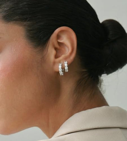 ASHINE 14K Gold Plated 925 Sterling Silver Post Pave Cubic Zirconia Hoop Cuff Huggie Earrings Jewelry for Women Girls - color: White Gold-16mm
