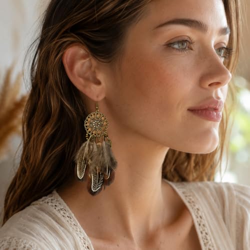Boho Brown Feather Earrings for Women, Vintage Dream Catcher Dangle Jewelry | Brown feather layers and antique bronze-tone filigree create a bold boho look for festivals, western outfits and casual wear.