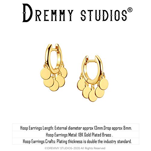 DREMMY STUDIOS Gold Dainty Huggie Hoop Earrings 18K Gold Plated Exquisite Open Tassel Dangle Charm Drop Sleeper Geometric Cross Coin Star Heart White CZ Simple Hypoallergenic Earrings for Women - color: Tassel-Disc