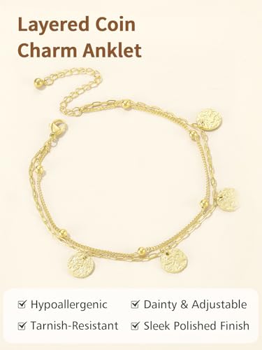 FindChic Ankle Bracelets for Women, Silver/Black/Gold Plated Layered Stainless Steel Anklets, Non-Tarnish Adjustable Waterproof Trendy Foot Jewelry for Beach Summer - style: Layered Coin Charm-Gold