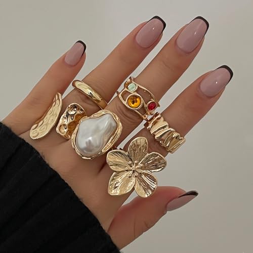 Gold Rings Set for Women 6Pcs Adjustable Open Band Rings Pack with Pearl Flower Leaf Textured Gem Design Alloy Stackable Chunky Statement Jewelry