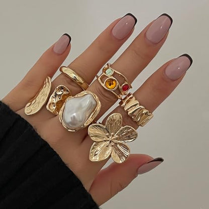 Gold Rings Set for Women 6Pcs Adjustable Open Band Rings Pack with Pearl Flower Leaf Textured Gem Design Alloy Stackable Chunky Statement Jewelry