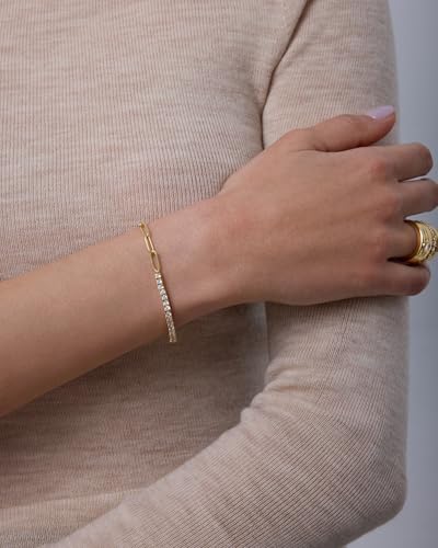PAVOI 14K Gold Plated Paperclip Tennis Bracelets for Women - Link Chain Gold Bracelet for Women with Cubic Zirconia - Adjustable Trendy Bridal Jewelry - color: White Gold