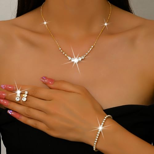 Silver Wedding Prom Jewelry Sets Sparkling Crystal Chain Necklace Earrings Bracelet Set Rhinestone Wedding Set Formal Prom Costume Jewelry Sets for Women and Brides - color: Gold