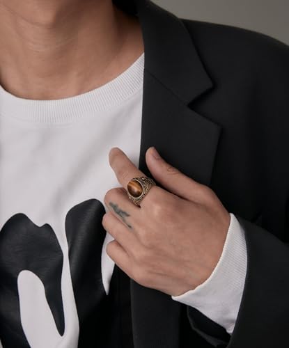 Retro Large Tiger Eye Stone Turquoise Wedding Ring For Men Classical Gothic Stainless Steel Rings - color: Gold-Coffee