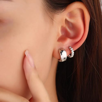 3 Pairs Huggie Hoop Earring Set 18K Gold Plated Cubic Zirconia Cartilage Earrings, Multi Piercings Ear Jacket Earring Climber Stud Earring for Women Everyday Earrings - color: 3 Silver Hoop