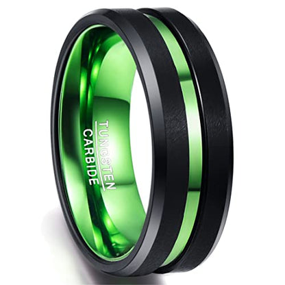 NUNCAD 8mm Men's Tungsten Rings Multi-Color/Green/Purple Plated Grooved Black Matte Finish Beveled Edges Size 4 to 16 - color: Green Grooved