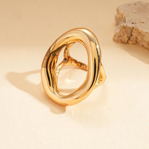 Chunky Irregular Hollow Oval Statement Ring For Women Adjustable Open Band Geometric Fashion Jewelry Gold Tone Or Silver Tone - color: Gold