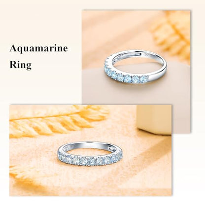 Bezel Set Birthstone Wedding Band 14K Gold Sterling Silver Stackable Half Eternity Band Rings 2.5mm Wide Ruby/Amethyst/Sapphire/Emerald Green/Aquamarine Ring for Women, Send Gift Box - style: 03-Created Aquamarine