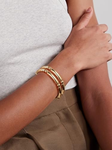 Gold Chunky Bangles Bracelets For Women 14k Gold Plated Stack Layered Curved Bamboo Tube Stretch Bracelets Gift Jewelry - color: 2pcs Gold-8mm