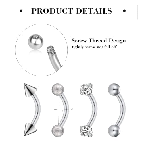 Suotarn 47pcs 16G Stainless Steel Eyebrow Piercing Rings Clear CZ Curved Barbell Helix Daith Rook Earrings Piercing Body Jewelry for Women Men - style: 47pcs mix