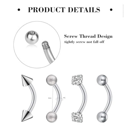 Suotarn 47pcs 16G Stainless Steel Eyebrow Piercing Rings Clear CZ Curved Barbell Helix Daith Rook Earrings Piercing Body Jewelry for Women Men - style: 47pcs mix