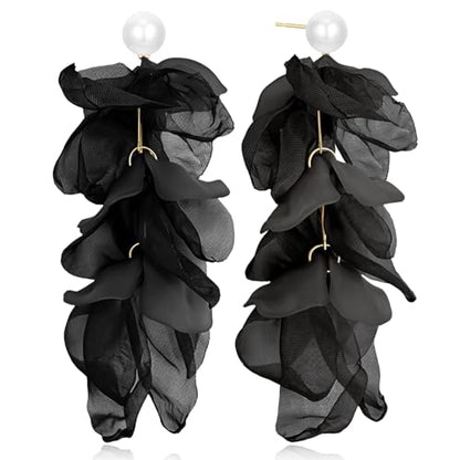 Handmade Bohemian Lightweight Fabric Flower Dangle Drop Earrings Chic Pearl Large Tassel Petal Stud Earrings For Women - color: Black