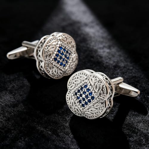 Men's Cufflink Set, Silver with Blue Zircon, Comes with a Gift Box, Can be Used as Accessories and Gifts. Add Color to your Clothes.