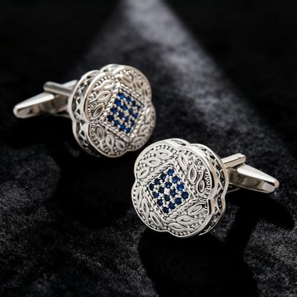 Men's Cufflink Set, Silver with Blue Zircon, Comes with a Gift Box, Can be Used as Accessories and Gifts. Add Color to your Clothes.